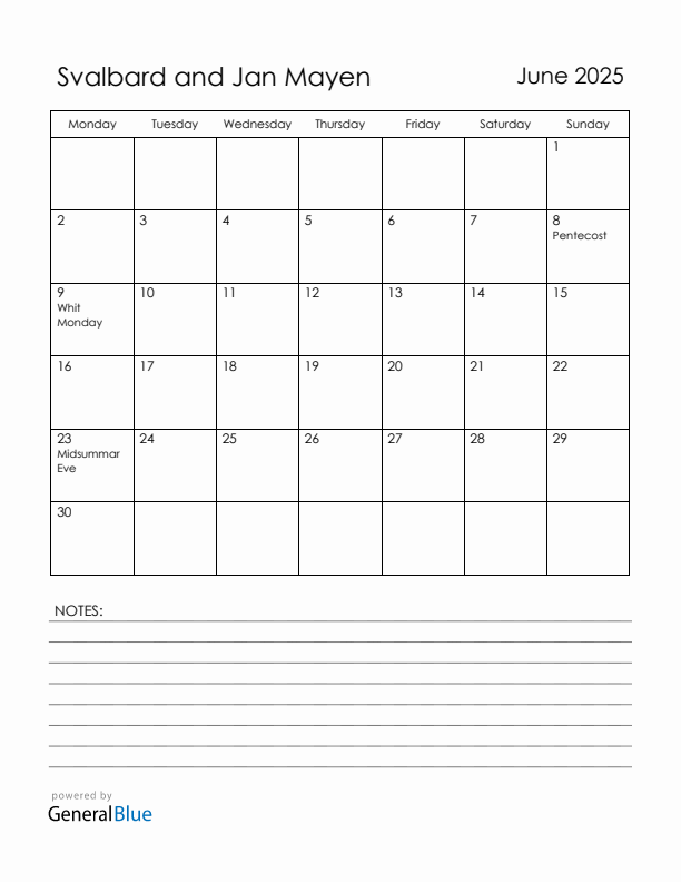 June 2025 Svalbard and Jan Mayen Calendar with Holidays (Monday Start)