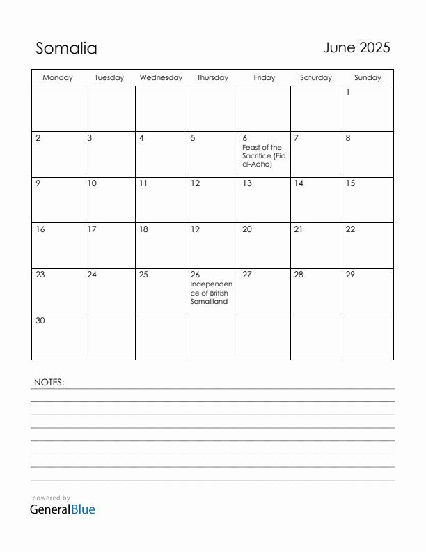 June 2025 Somalia Calendar with Holidays (Monday Start)