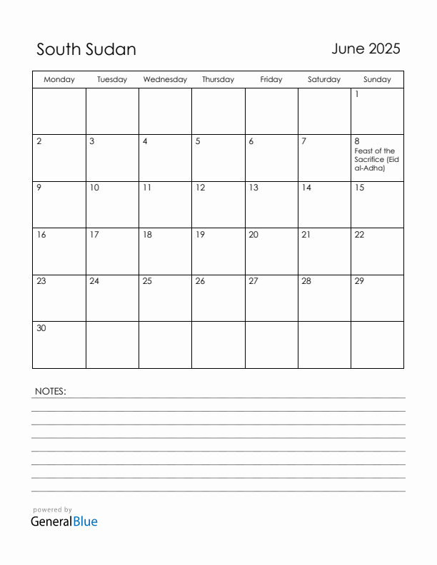 June 2025 South Sudan Calendar with Holidays (Monday Start)