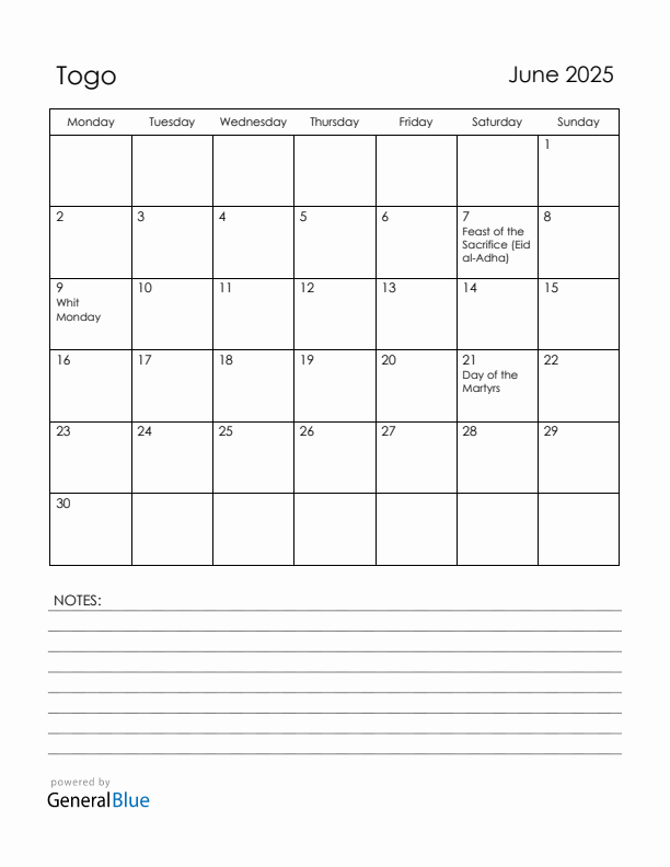 June 2025 Togo Calendar with Holidays (Monday Start)