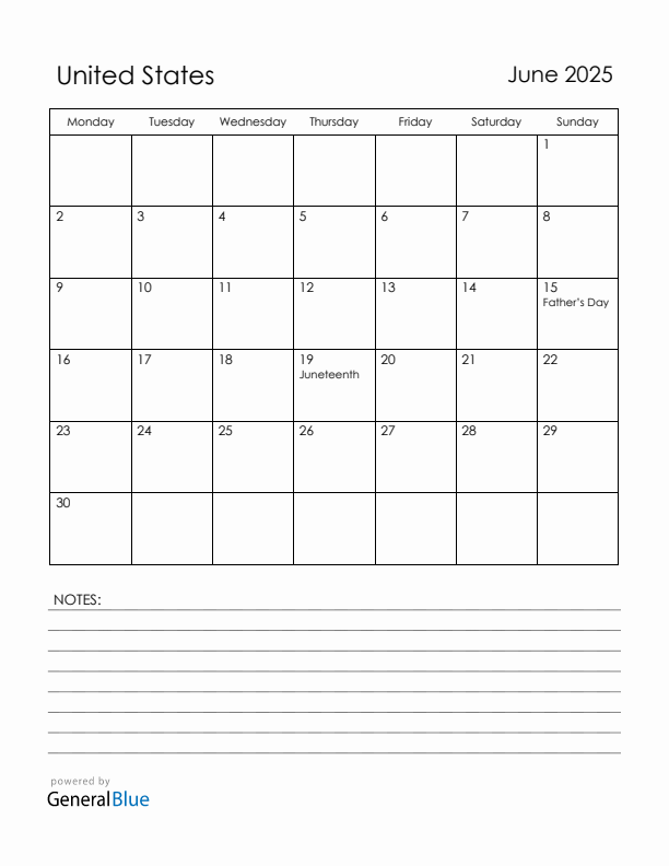 June 2025 United States Calendar with Holidays (Monday Start)