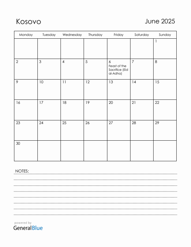 June 2025 Kosovo Calendar with Holidays (Monday Start)