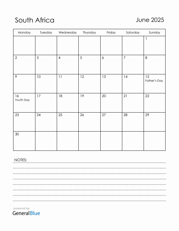 June 2025 South Africa Calendar with Holidays (Monday Start)