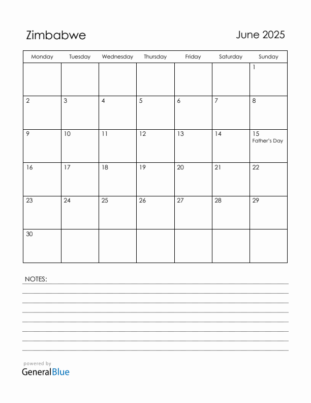 June 2025 Zimbabwe Calendar with Holidays (Monday Start)