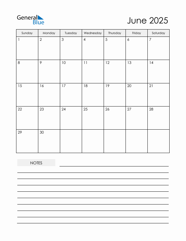 Printable Calendar with Notes - June 2025 