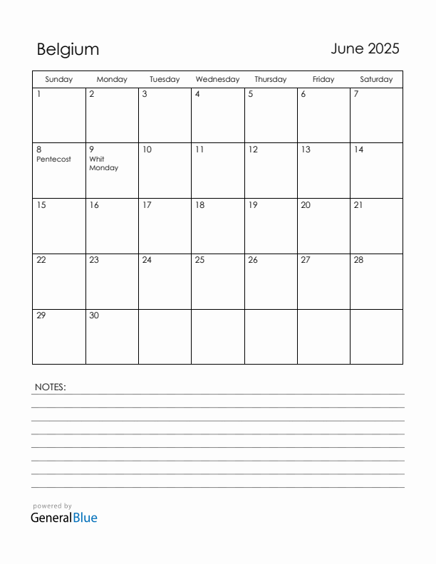 June 2025 Belgium Calendar with Holidays (Sunday Start)