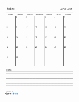 Current month calendar with Belize holidays for June 2025