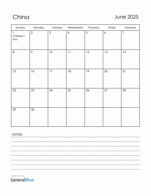 June 2025 China Calendar with Holidays (Sunday Start)