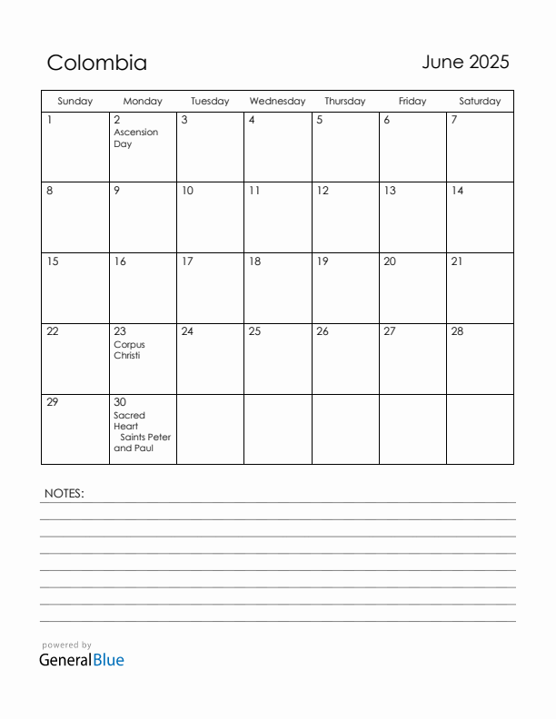 June 2025 Colombia Calendar with Holidays (Sunday Start)