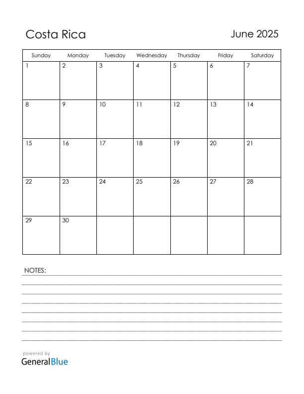 June 2025 Costa Rica Calendar with Holidays (Sunday Start)