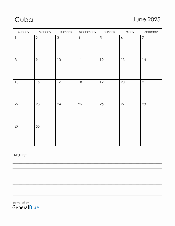 June 2025 Cuba Calendar with Holidays (Sunday Start)