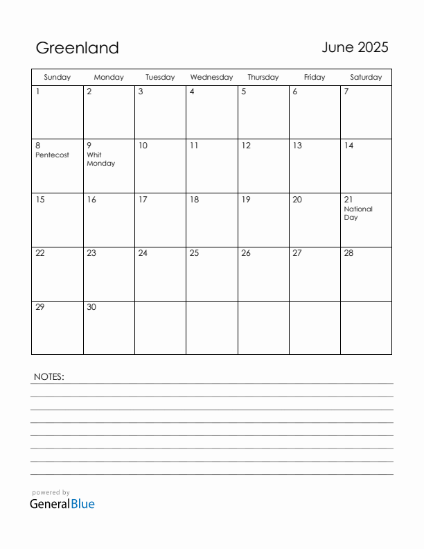 June 2025 Greenland Calendar with Holidays (Sunday Start)