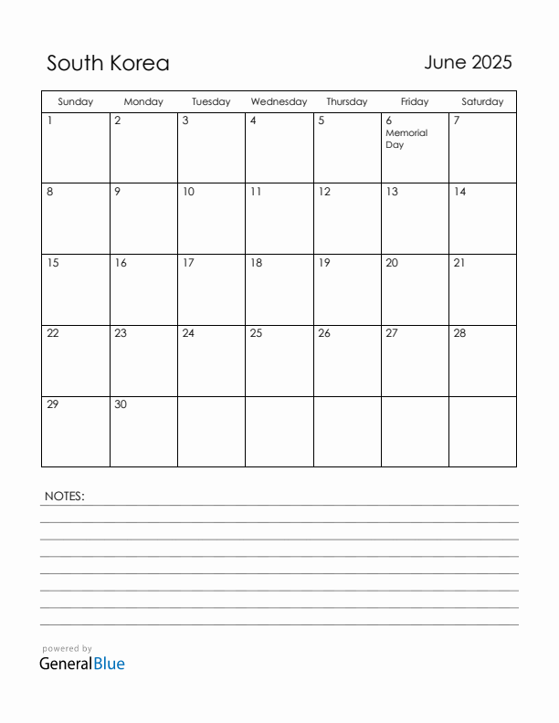 June 2025 South Korea Calendar with Holidays (Sunday Start)