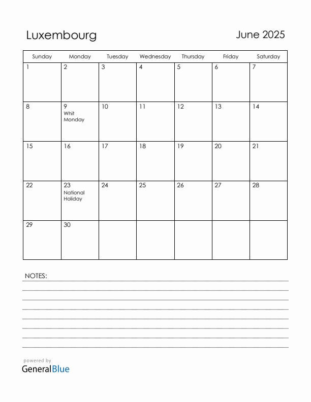 June 2025 Luxembourg Calendar with Holidays (Sunday Start)