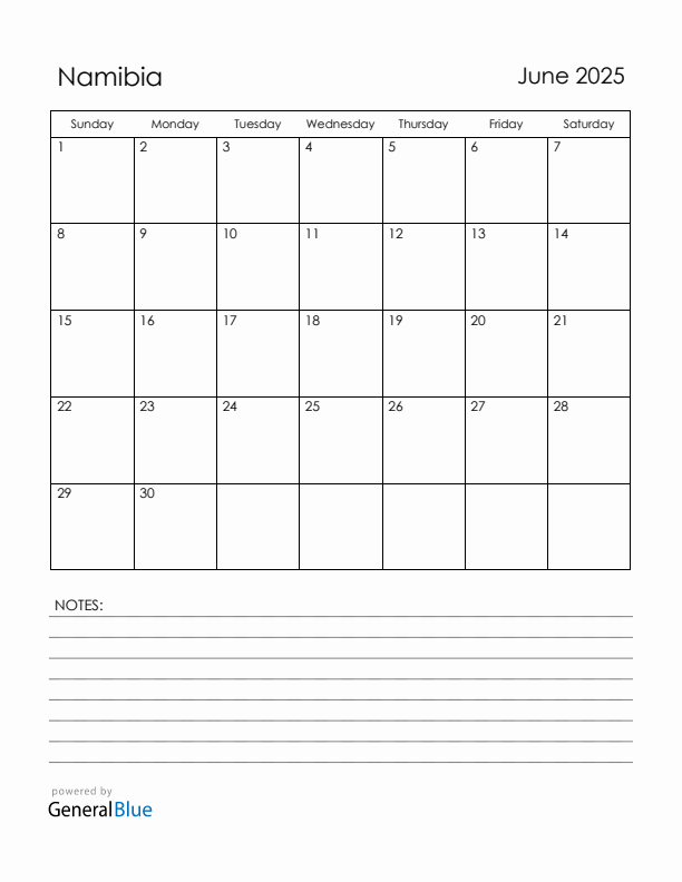 June 2025 Namibia Calendar with Holidays (Sunday Start)