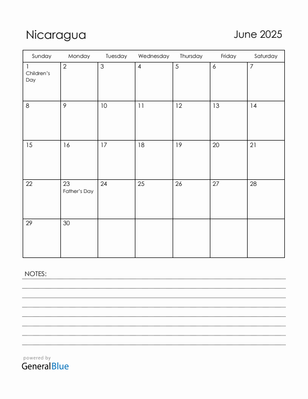 June 2025 Nicaragua Calendar with Holidays (Sunday Start)