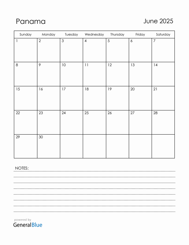 June 2025 Panama Calendar with Holidays (Sunday Start)