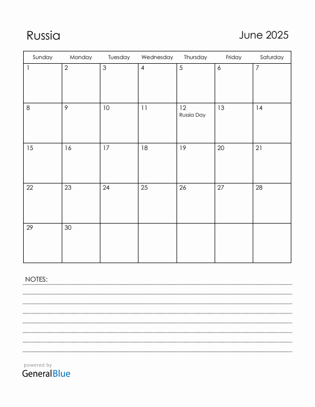 June 2025 Russia Calendar with Holidays (Sunday Start)