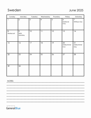 Current month calendar with Sweden holidays for June 2025