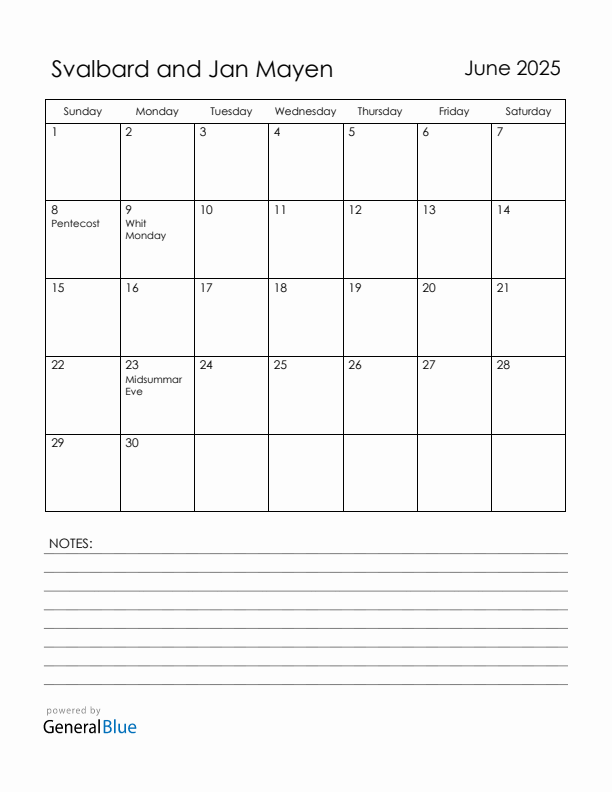 June 2025 Svalbard and Jan Mayen Calendar with Holidays (Sunday Start)