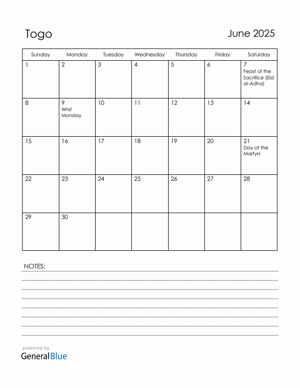 June 2025 Togo Calendar with Holidays (Sunday Start)