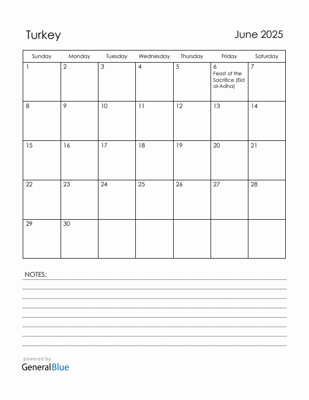 June 2025 Turkey Calendar with Holidays (Sunday Start)