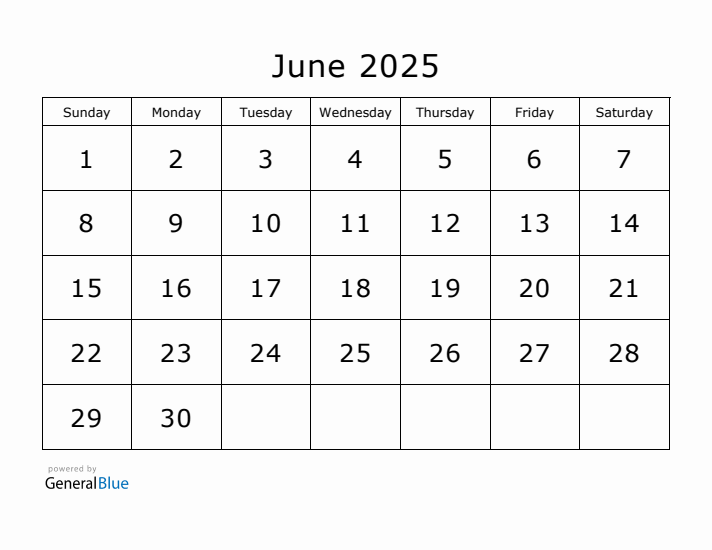 Printable June 2025 Calendar - Sunday Start