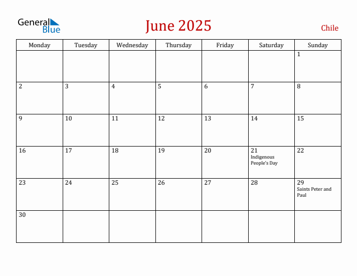 Chile June 2025 Calendar - Monday Start