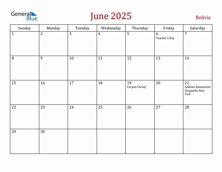 Bolivia June 2025 Calendar - Sunday Start