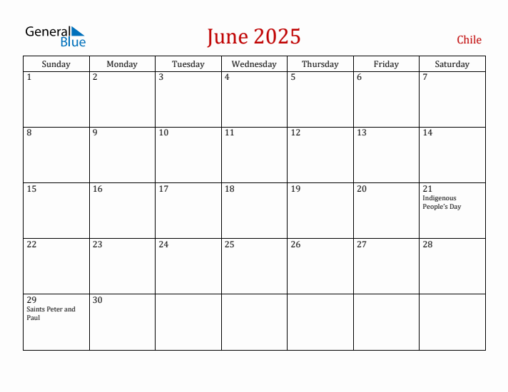 Chile June 2025 Calendar - Sunday Start