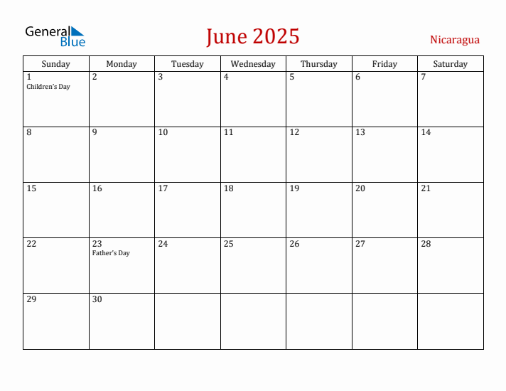 Nicaragua June 2025 Calendar - Sunday Start