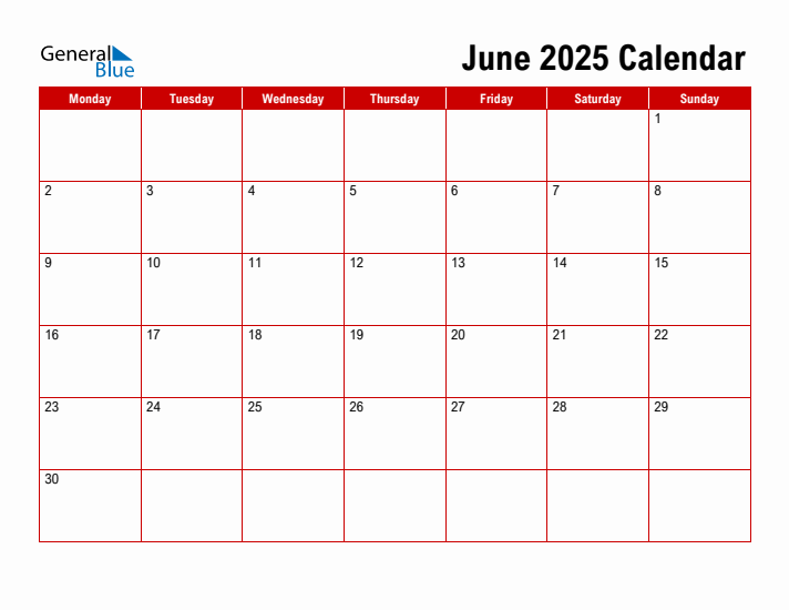 Simple Monthly Calendar - June 2025