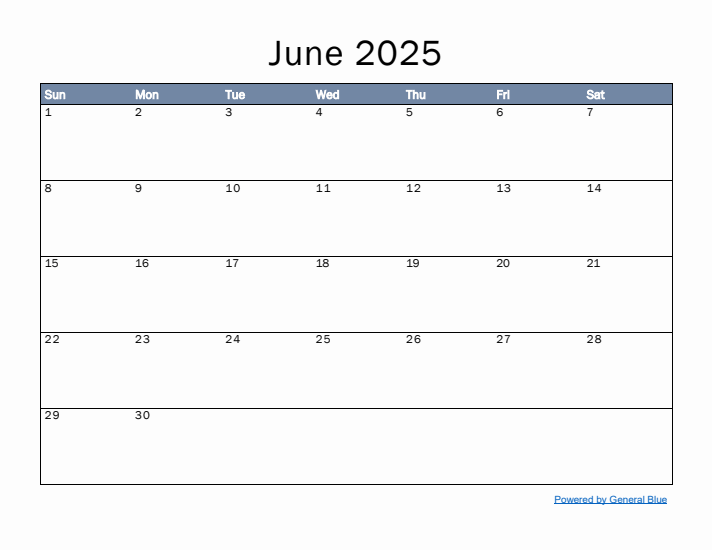 June 2025 Simple Month Calendar Template