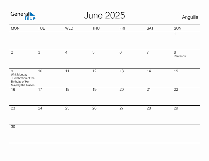 Printable June 2025 Calendar for Anguilla