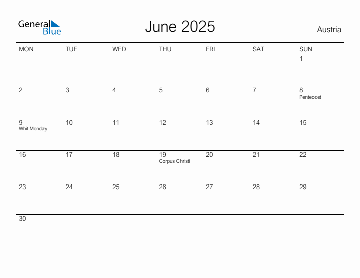 Printable June 2025 Calendar for Austria