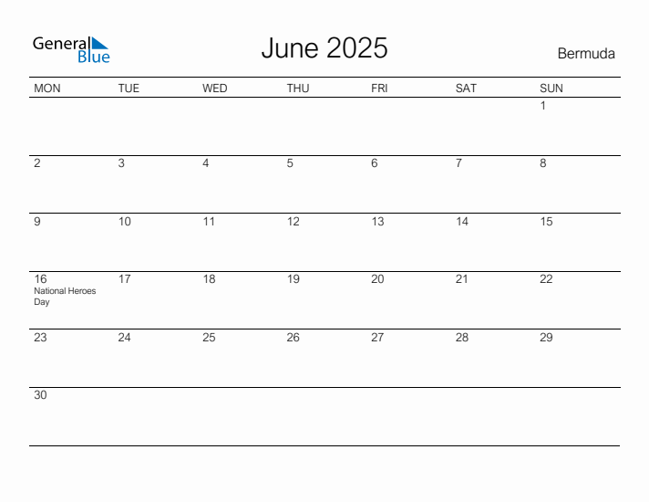 Printable June 2025 Calendar for Bermuda