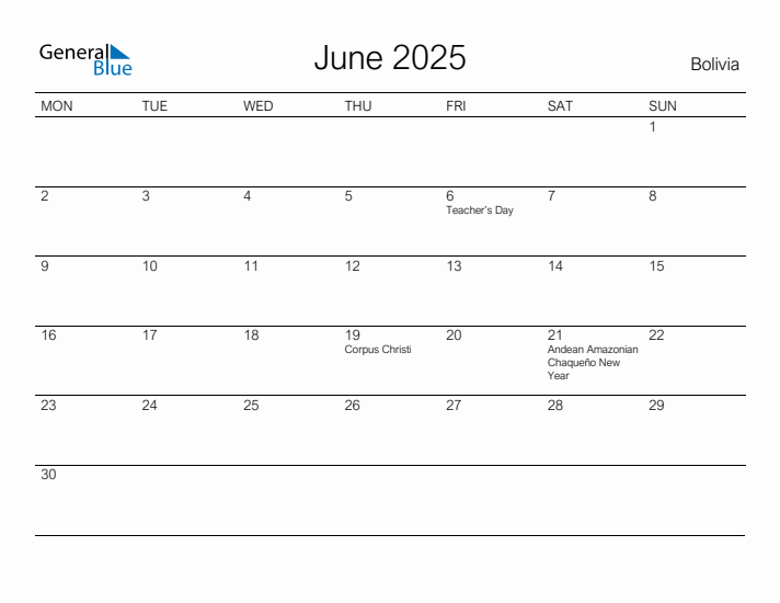 Printable June 2025 Calendar for Bolivia