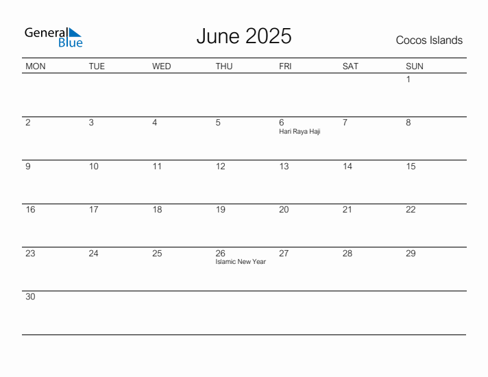 Printable June 2025 Calendar for Cocos Islands