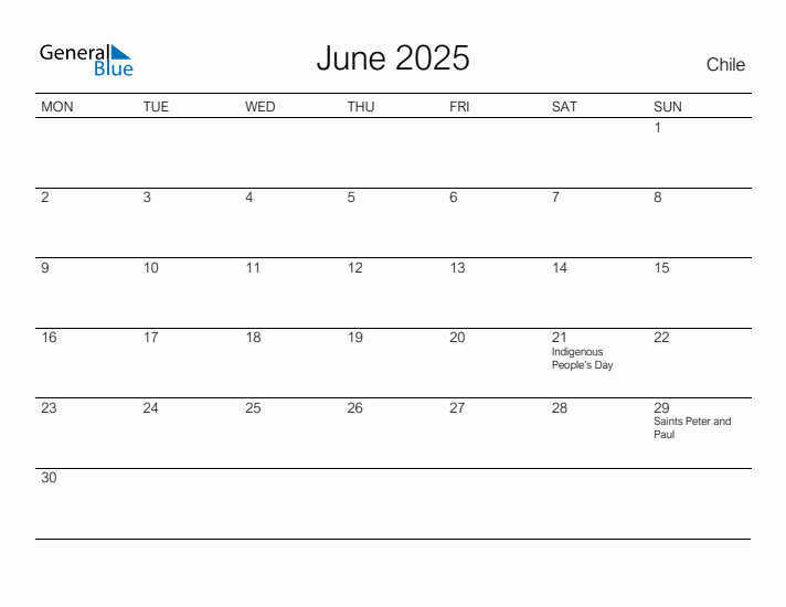 Printable June 2025 Calendar for Chile