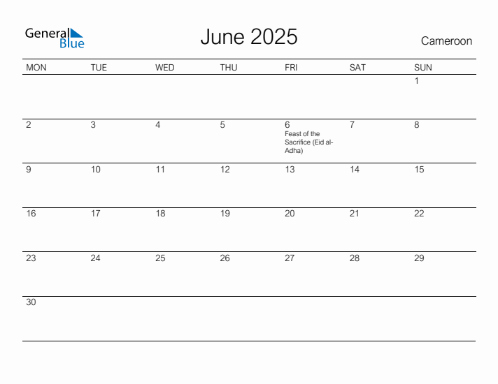 Printable June 2025 Calendar for Cameroon