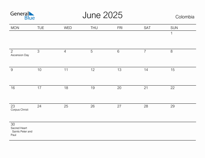 Printable June 2025 Calendar for Colombia