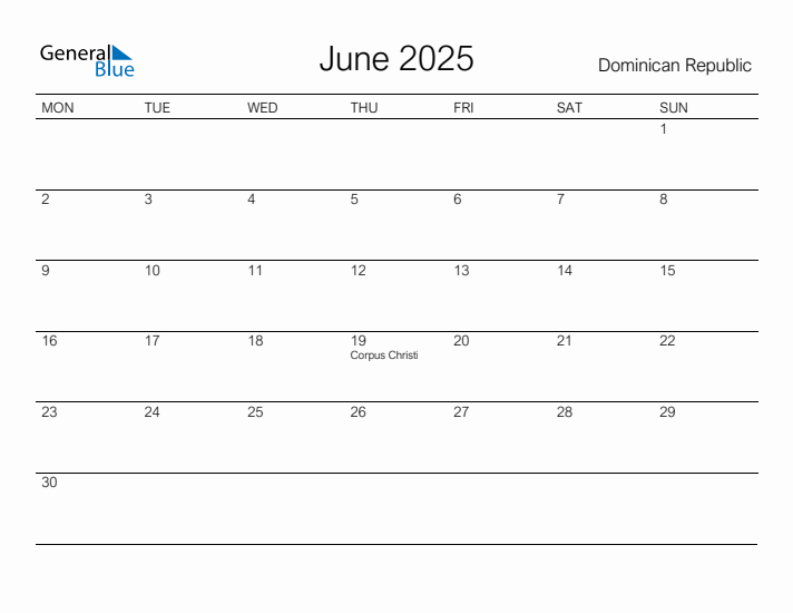 Printable June 2025 Calendar for Dominican Republic