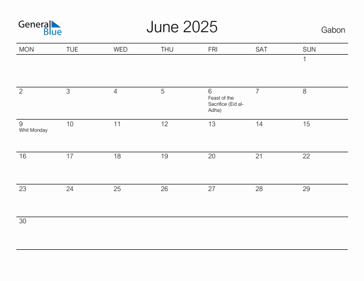 Printable June 2025 Calendar for Gabon