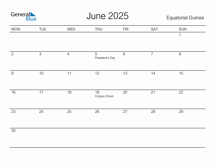 Printable June 2025 Calendar for Equatorial Guinea