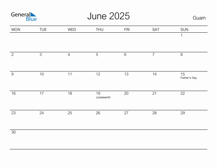 Printable June 2025 Calendar for Guam