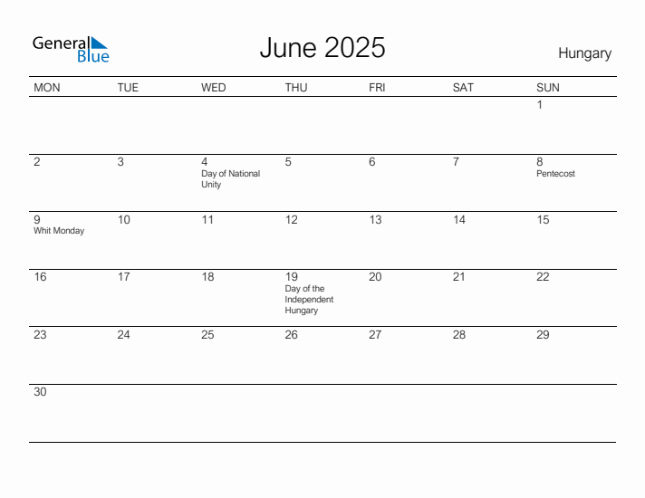 Printable June 2025 Calendar for Hungary