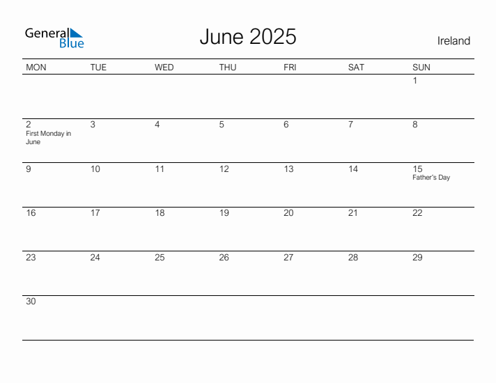 Printable June 2025 Calendar for Ireland