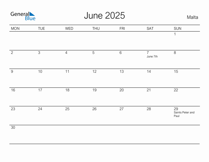 Printable June 2025 Calendar for Malta