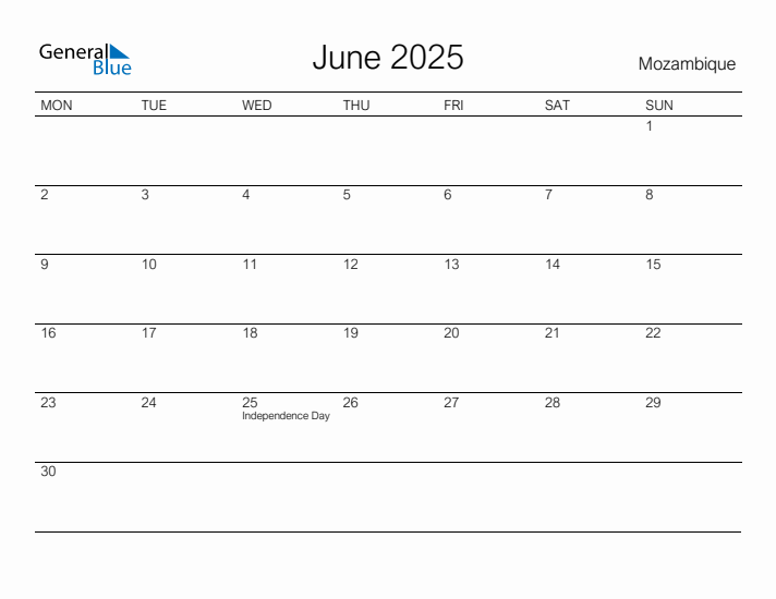 Printable June 2025 Calendar for Mozambique