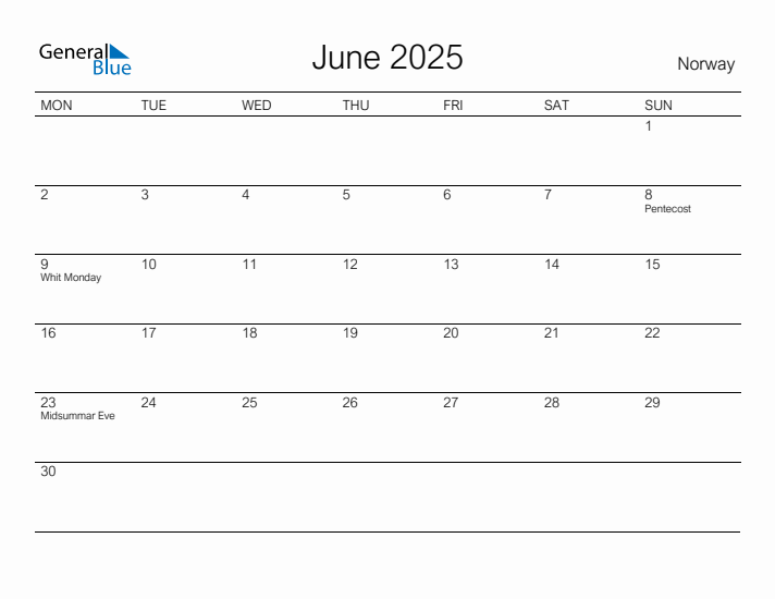 Printable June 2025 Calendar for Norway